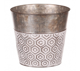Obal kovový - kulatý, vysoký, s ornamenty, bílo-měděný