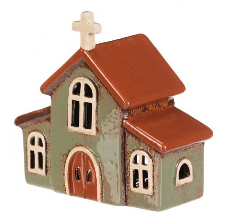 Domeček keramický - kostelík, na čajovou svíčku, zelený Domeček keramický - kostelík, na čajovou svíčku, zelený