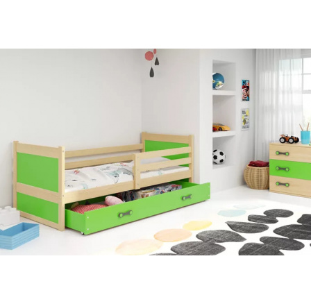 Dětská postel RICO 90x200 cm se šuplíkem, s matrací, Přírodní/Zelená