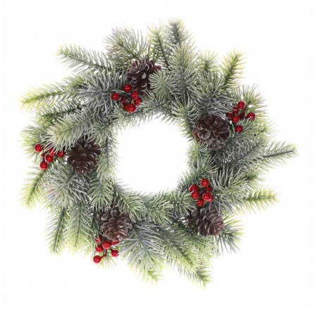 Věnec umělý - pr. 34 cm, jehličí, červené bobule a šišky Věnec umělý - pr. 34 cm, jehličí, červené bobule a šišky