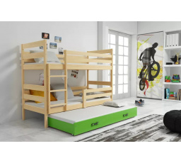Dětská patrová postel ERYK 3 s přistýlkou 90x200 cm, včetně matrací, Přírodní/Zelená