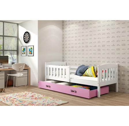 Dětská postel KUBUS 90x200 cm se šuplíkem, bez matrace, Bílá/Růžová