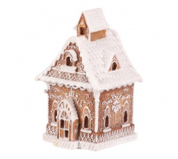 Domeček perníkový - polyresin, LED osvětl., hnědý s bílým zdobením