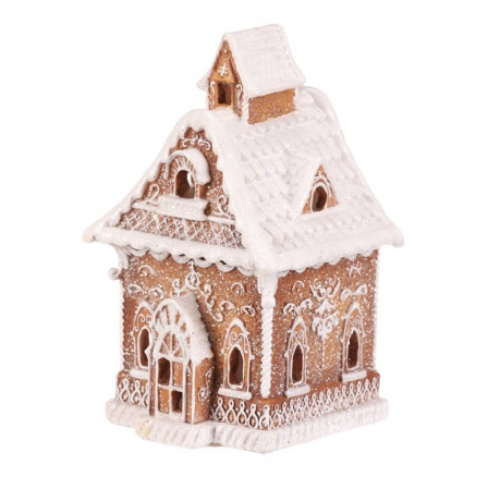Domeček perníkový - polyresin, LED osvětl., hnědý s bílým zdobením Domeček perníkový - polyresin, LED osvětl., hnědý s bílým zdobením