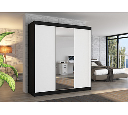 Šatní skříň s posuvnými dveřmi a zrcadlem SANTIAGO 200 Černá+Bílá