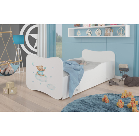 Dětská postel GONZALO s matrací a šuplíkem, 140x70 cm, Bílá/Teddy Bear and Cloud