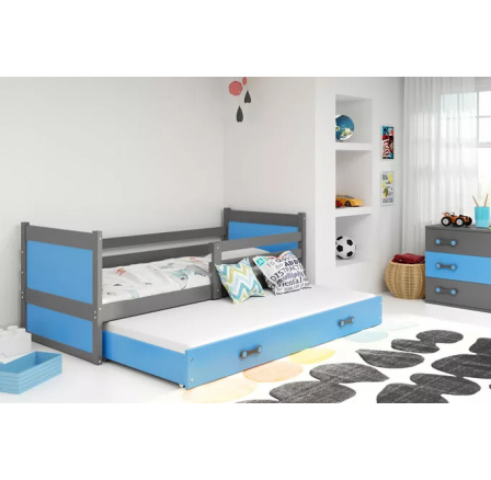 Dětská postel RICO s přistýlkou 90x200 cm, s matracemi, Grafit/Modrá