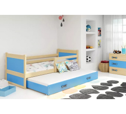 Dětská postel RICO s přistýlkou 90x200 cm, s matracemi, Přírodní/Modrá
