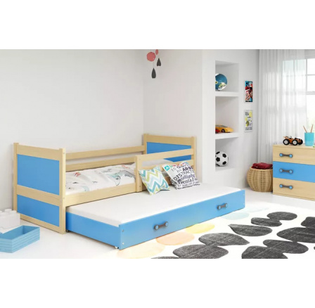 Dětská postel RICO s přistýlkou 90x200 cm, s matracemi, Přírodní/Modrá