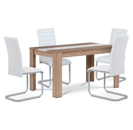 Jídelní set 1+4, stůl 138x80 cm, MDF dub sonoma, židle bílá ekokůže, šedý lak