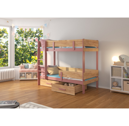 Dvoulůžková patrová postel ETIONA 180x80 Růžová+Dub Zlatý