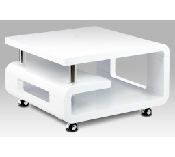 Konferenční stolek 70x70x43, bílá MDF vysoký lesk, chrom, 4 kolečka