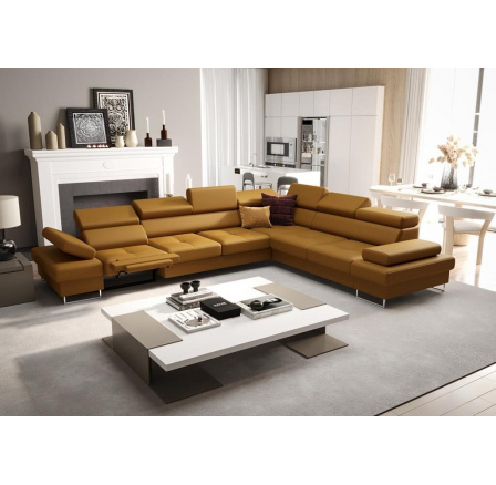 Rohová Kožená sedací souprava s funkcí spaní a relaxace GALAXY MAX 350x280 cm - medová , pravá Rohová Kožená sedací souprava s funkcí spaní a relaxace GALAXY MAX 350x280 cm - medová , pravá