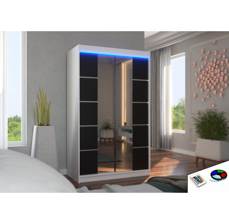 Posuvná skříň se zrcadlem a LED osvětlením GENUA 120 Bílá+Černá