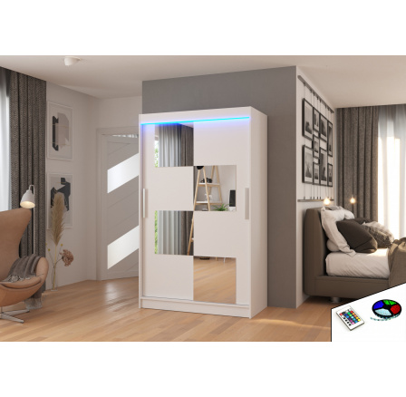 Posuvná skříň se zrcadlem a LED osvětlením LUGANO 120 Bílá+Bílá