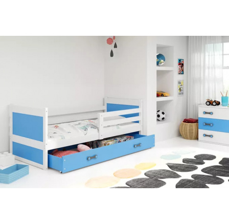 Dětská postel RICO 80x190 cm se šuplíkem, s matrací, Bílá/Modrá
