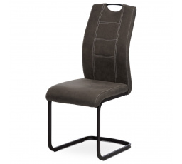 Jídelní židle, šedá látka v dekoru vintage kůže, bílé prošití, kov - černý lak
