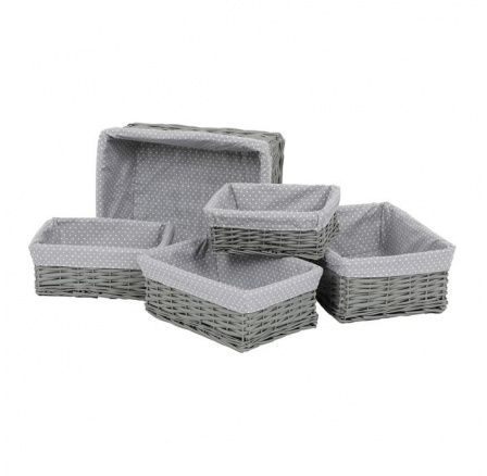 Koš regálový - proutěný, šedý s látkou, cena za sadu 5 ks Koš regálový - proutěný, šedý s látkou, cena za sadu 5 ks