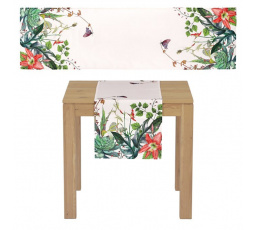 Běhoun s motivem zelených listů, barva bílá, 40x150 cm,100 % polyester.