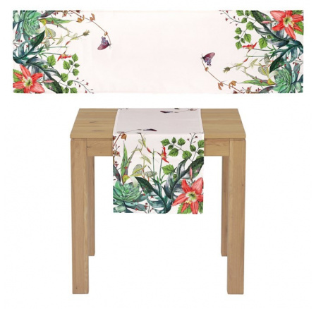 Běhoun s motivem zelených listů, barva bílá, 40x150 cm,100 % polyester.