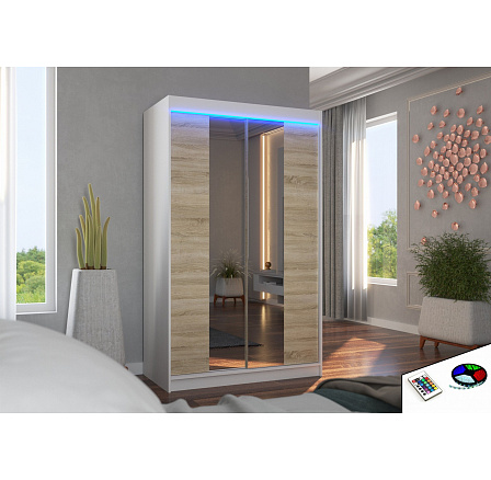 Posuvná skříň se zrcadlem a LED osvětlením MARVIN 120 Bílá+Sonoma