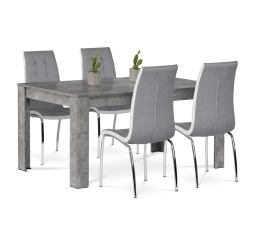 Jídelní set 1+4, stůl 160x90 cm, MDF, dekor beton, židle potah šedá látka a bílá ekokůže, kov - chrom