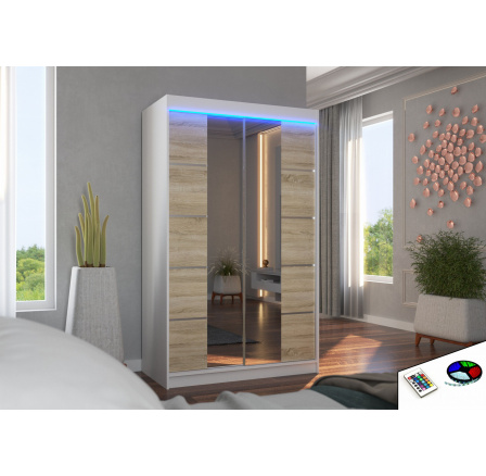 Posuvná skříň se zrcadlem a LED osvětlením GENUA 120 Bílá+Sonoma