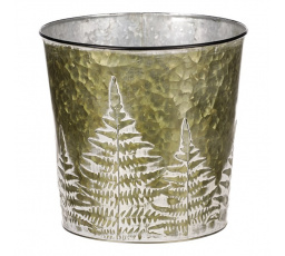 Obal z kovu na květiny, v  zelené barvě s kapradím.
