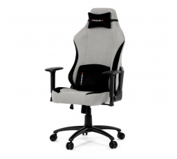 Herní křeslo, stříbrná látka, houpací mechanismus, polohování opěradla 90°-180°, 3D područky, polštáře z paměťové pěny,
