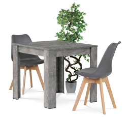 Jídelní set 1+2, stůl 80x80 cm, MDF, dekor beton, židle šedý plast, šedá ekokůže, nohy masiv buk, přírodní odstín