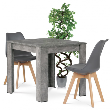 Jídelní set 1+2, stůl 80x80 cm, MDF, dekor beton, židle šedý plast, šedá ekokůže, nohy masiv buk, přírodní odstín