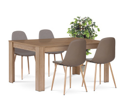 Jídelní set 1+4, stůl 160x90 cm, MDF, dekor dub sonoma, židle potah cappuccino látka a ekokůže, nohy kov, dekor dub