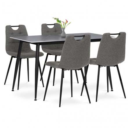 Jídelní set 1+4, stůl 130x70, deska slinutý kámen v imitaci šedého matného mramoru, židle šedá látka, madlo černý lak