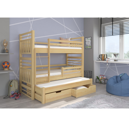 Třílůžková patrová postel HIPPO 180x80 Borovice Přírodní