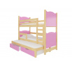 Třílůžková patrová postel s matracemi LETICIA Pine+Pink