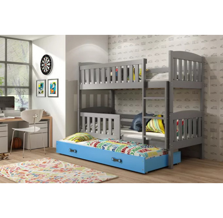 Dětská patrová postel KUBUS 3 s přistýlkou 90x200 cm, včetně matrací, Grafit/Modrá