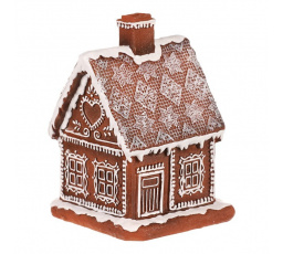 Domeček perníkový - polyresin, LED osvětl., hnědý s bílým zdobením