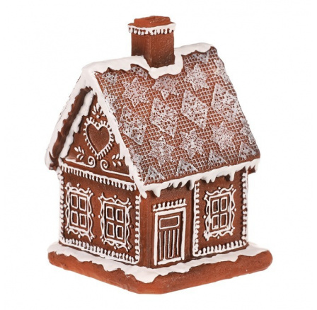 Domeček perníkový - polyresin, LED osvětl., hnědý s bílým zdobením Domeček perníkový - polyresin, LED osvětl., hnědý s bílým zdobením