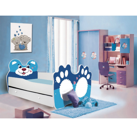 Dětská postel BEAR s matrací a šuplíkem, 160x80 cm, Bílá/Modrá
