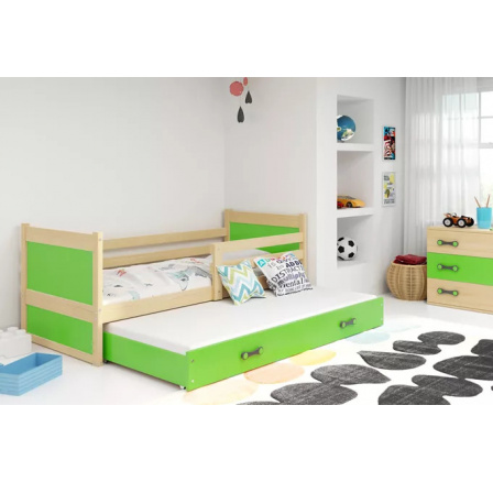 Dětská postel RICO s přistýlkou 90x200 cm, s matracemi, Přírodní/Zelená