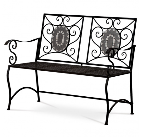 Zahradní lavice, keramická mozaika, kov, černý lak Zahradní lavice, keramická mozaika, kov, černý lak