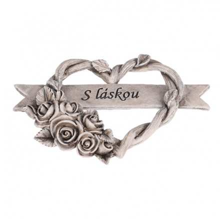 Srdce s růžemi a stuhou - pietní, polyresin, šedá