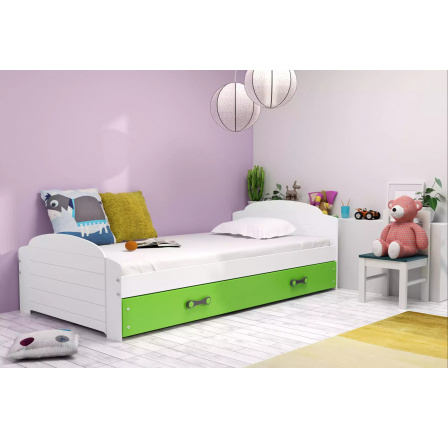 Dětská postel LILI 90x200 cm se šuplíkem, s matrací, Bílá/Zelená