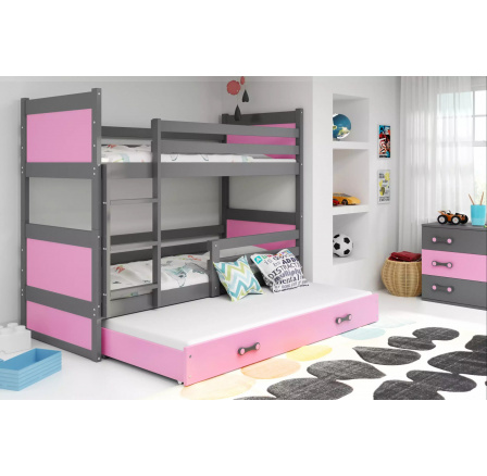 Dětská patrová postel RICO 3 s přistýlkou 80x160 cm, bez matrací, Grafit/Růžová