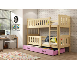 Dětská patrová postel KUBUS se šuplíkem 80x190 cm, včetně matrací, Přírodní/Růžová