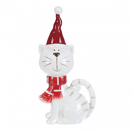 Kočka se šálou - keramická figurka, vel. L, červeno-bílý Kočka se šálou - keramická figurka, vel. L, červeno-bílý