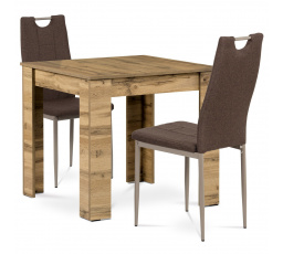 Jídelní set 1+2, stůl 80x80 cm, MDF dub wotan, židle hnědá látka, cappuc. lak