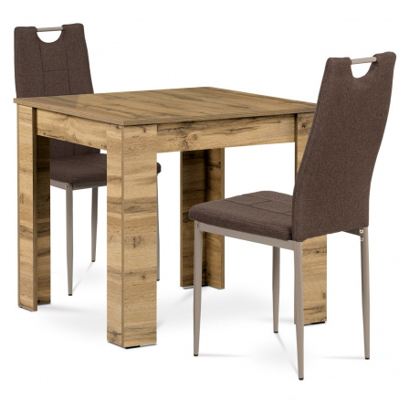 Jídelní set 1+2, stůl 80x80 cm, MDF dub wotan, židle hnědá látka, cappuc. lak