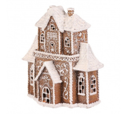 Domeček perníkový - polyresin, LED osvětl., hnědý s bílým zdobením