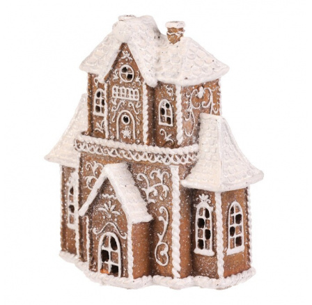 Domeček perníkový - polyresin, LED osvětl., hnědý s bílým zdobením Domeček perníkový - polyresin, LED osvětl., hnědý s bílým zdobením